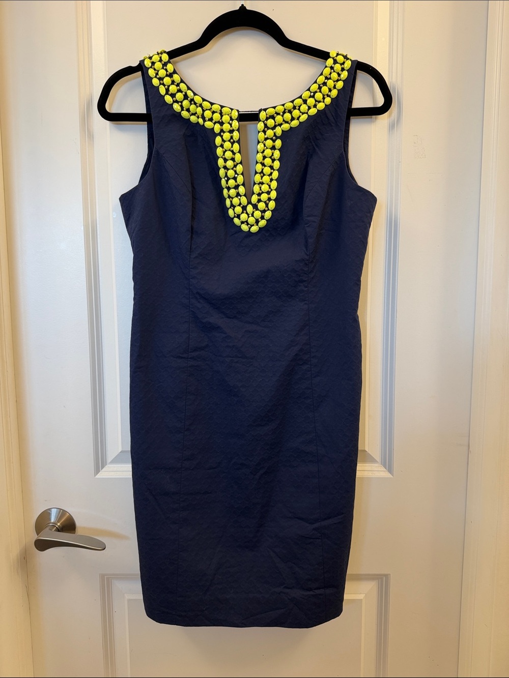 Lilly Pulitzer Navy Sheath Dress with Neon Yellow Beaded Neckline